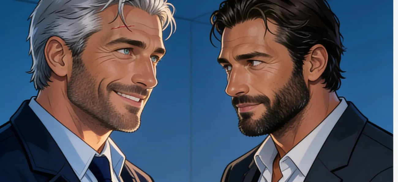 Two men in suits in a Milan office, one glancing at the other